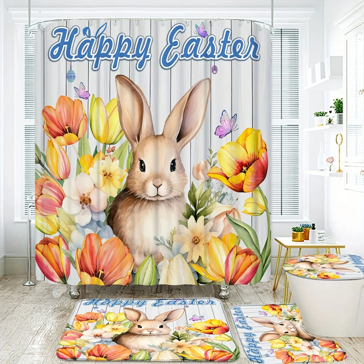 Bamboo Bath Mat - 4-częściowy zestaw zasłony prysznicowej z uroczym